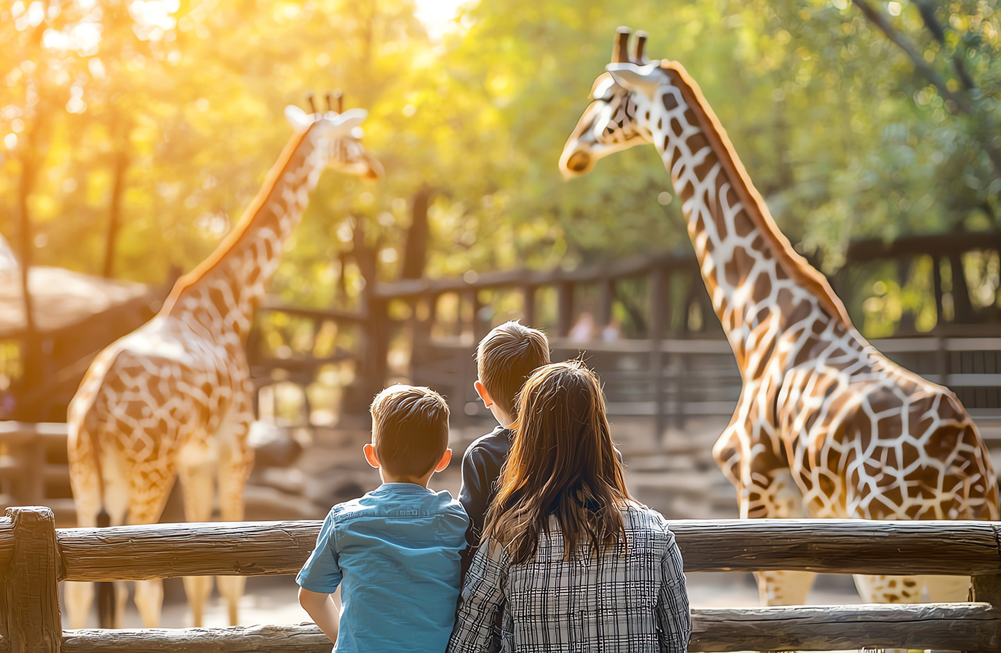 Drei Kinder in einem Zoo, wo sie zwei Giraffen sehen.