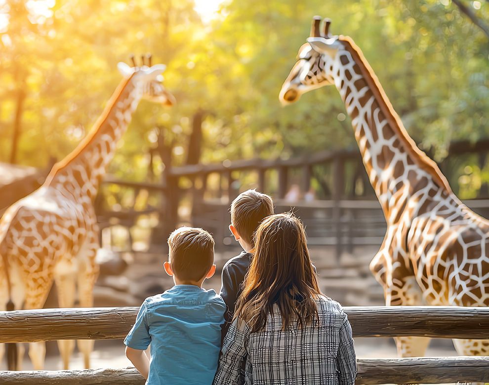 eine Familie, die in ein Gehege mit Giraffen schaut