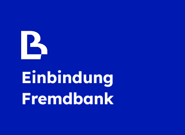 Blaues Kachel-Element mit Business Lounge Logo und dem Titel "Einbindung Fremdbank"