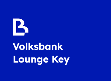 Blaues Kachel-Element mit Business Lounge Logo und dem Titel "Volksbank Lounge Key"